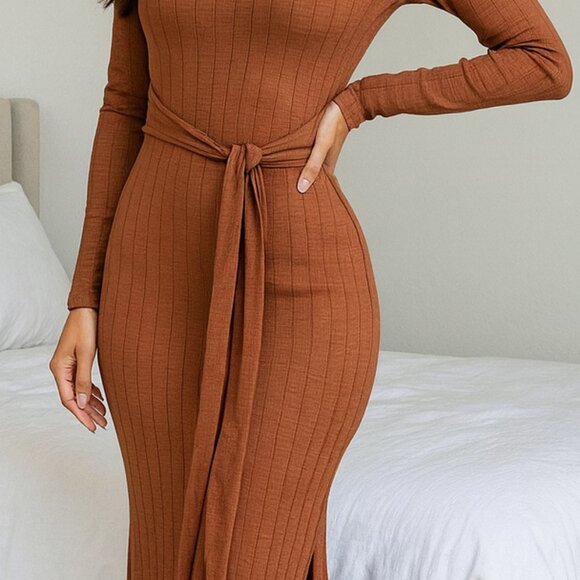 NWT Topshop Rib Knit Tie Waist Fall Brown Bodycon Fitted Dress With Slits - Picture 2 of 8